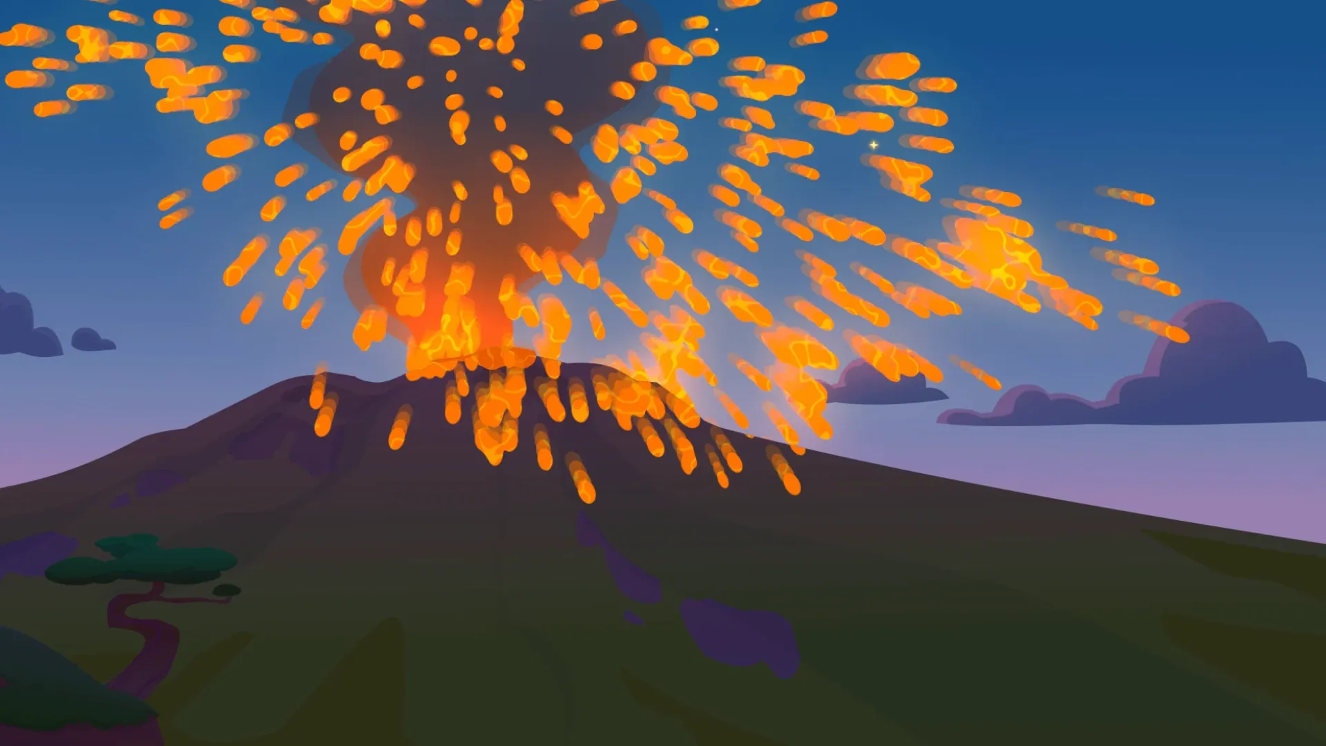 A volcano erupts in an animated scene.
