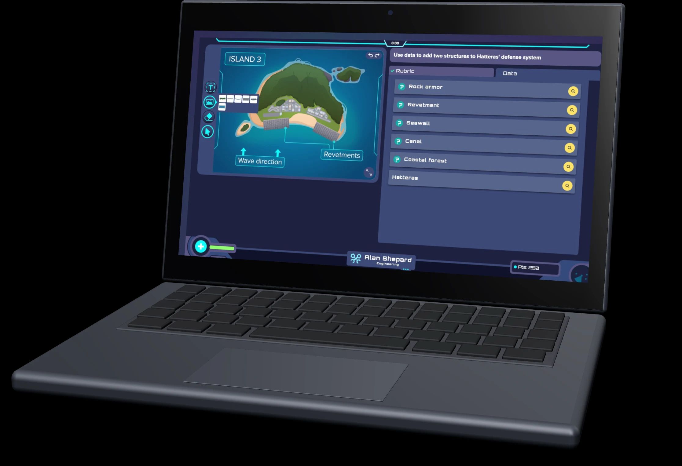 A student’s screen shows a map of island 3 with its revetments and the wave’s direction.