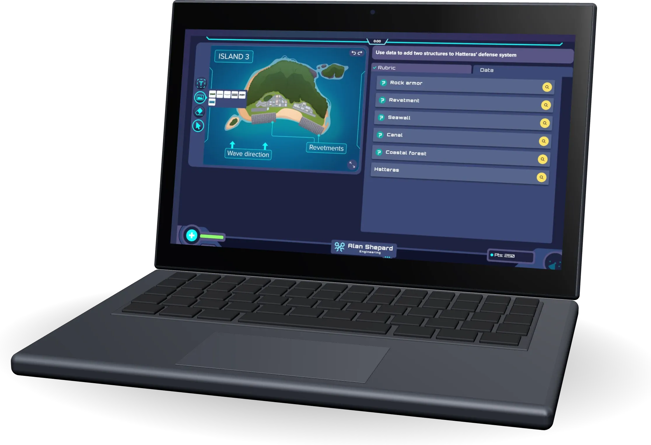 A student Chromebook shows an island map with its coastal defenses and the wave direction marked.
