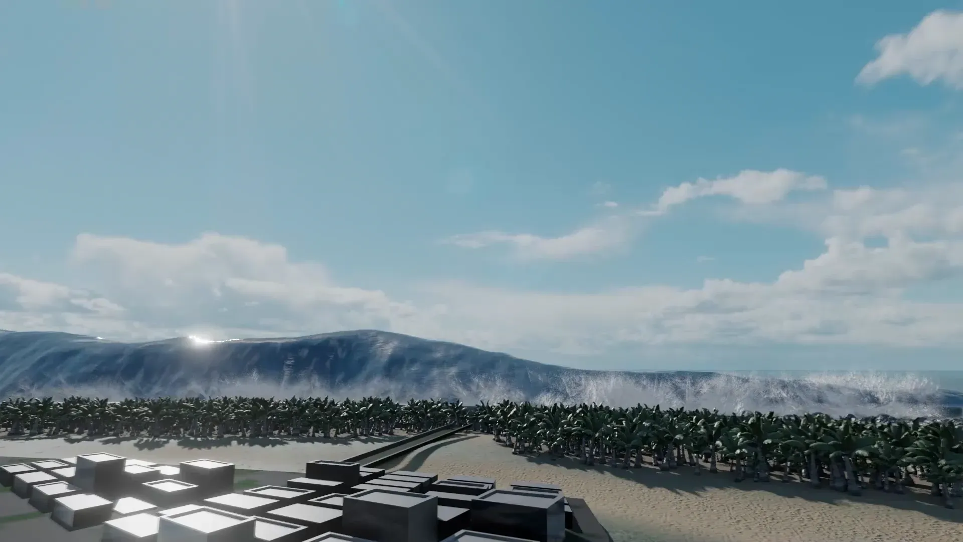 A tsunami wave rolls toward a forest and town.