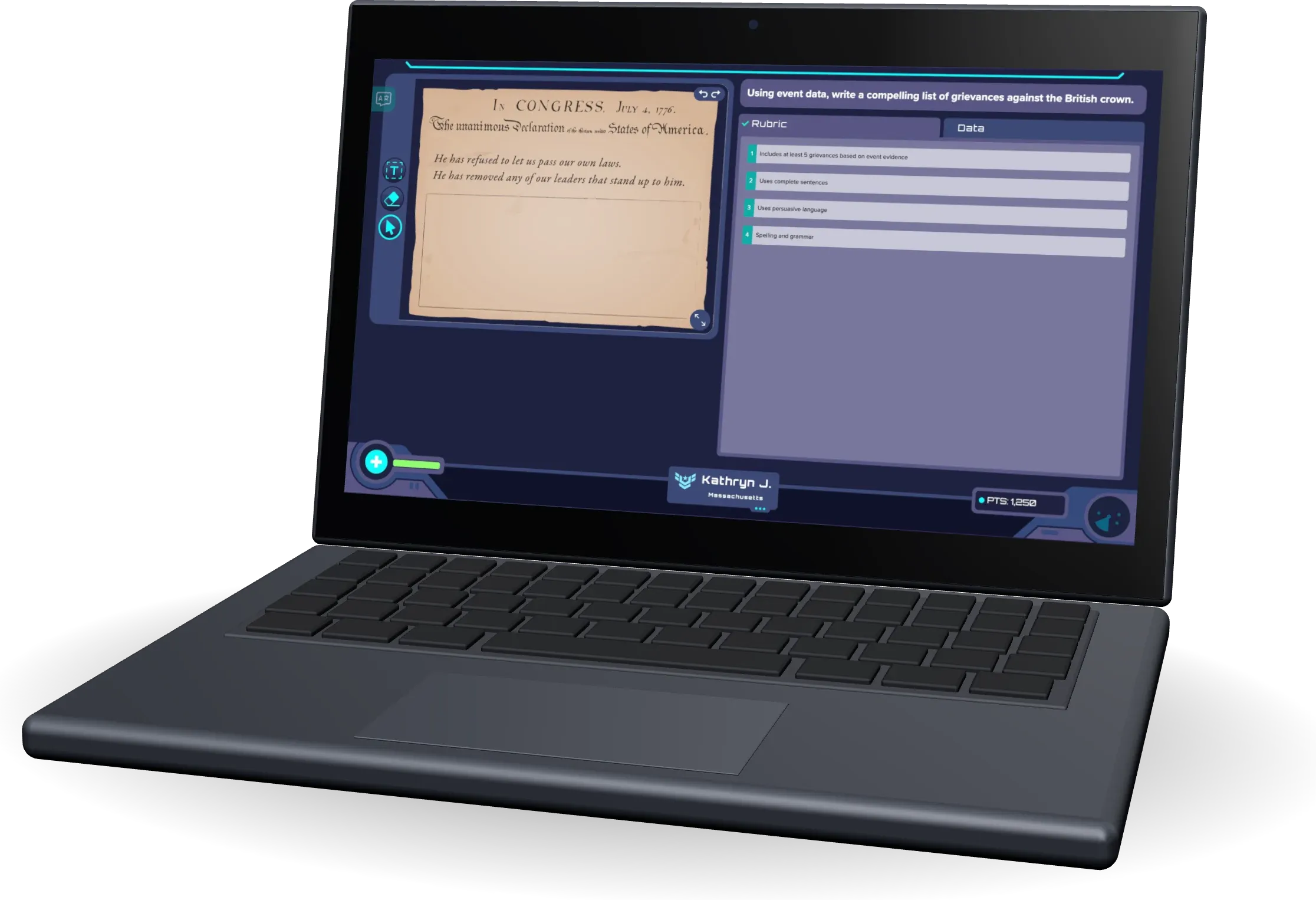 A student Chromebook shows a primary source and a team's notes on it.
