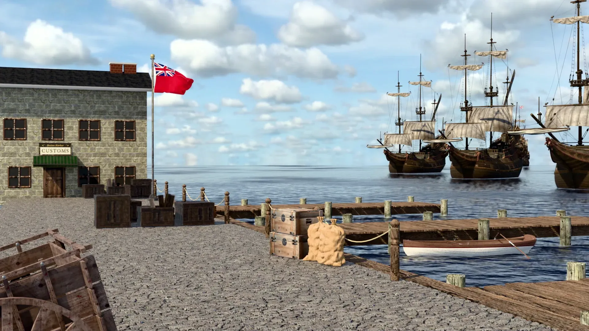 British warships sit in a colonial harbor under a British flag.