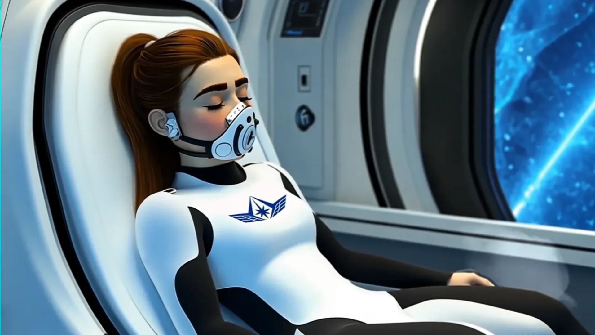 An astronaut lies unconscious in a medical chair wearing an oxygen mask.