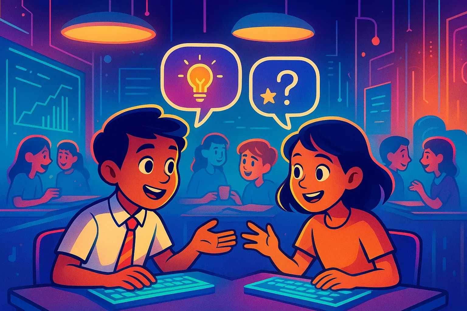 Illustration of two students at keyboards talking through an idea, with lightbulb and question mark speech bubbles above them.