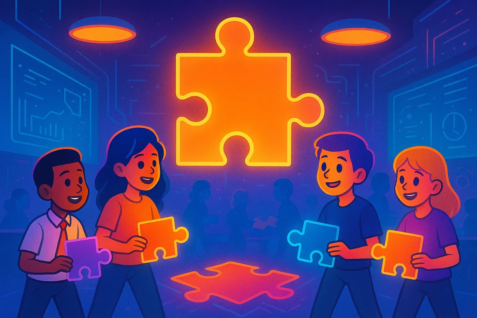 Illustration of four students each holding a glowing puzzle piece, ready to fit their parts together beneath a giant puzzle piece.