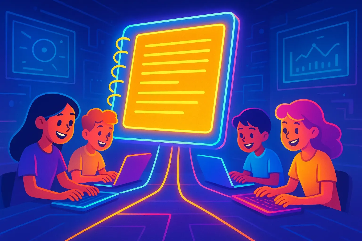Illustration of four students typing on laptops that all connect to one large shared glowing document.