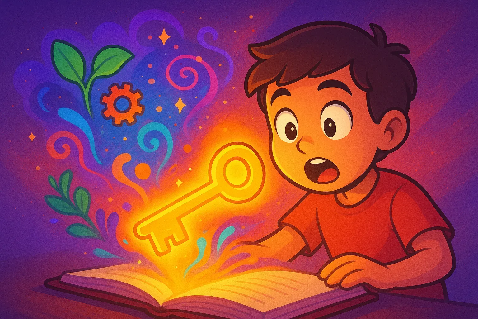 Illustration of an amazed student watching a glowing golden key rise from an open book among leaves, gears, and swirls of color.