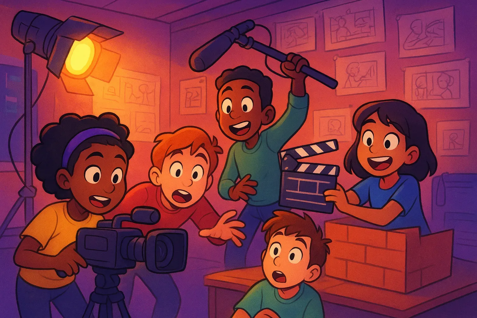 Illustration of students filming their own movie with a video camera, boom mic, clapperboard, and spotlight, storyboards pinned on the wall.