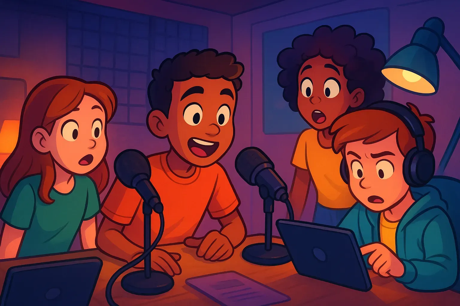 Illustration of four students recording a podcast at a table with microphones, headphones, and a tablet.