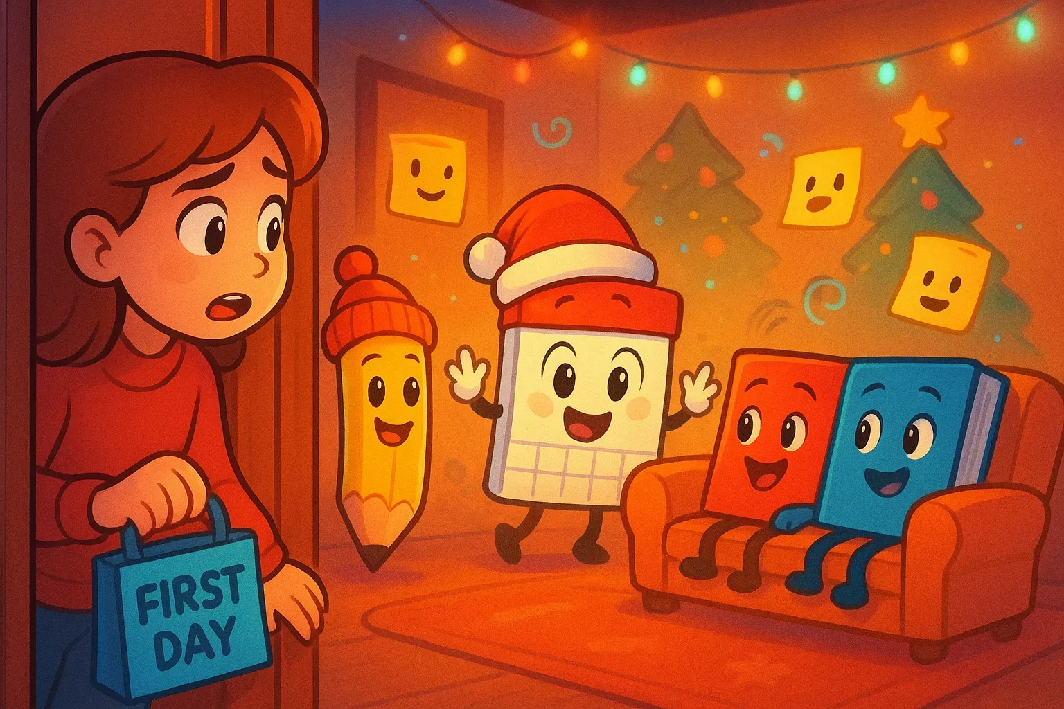 A nervous woman holding a First Day bag peeking into a room filled with welcoming, animated school supplies and holiday decor.
