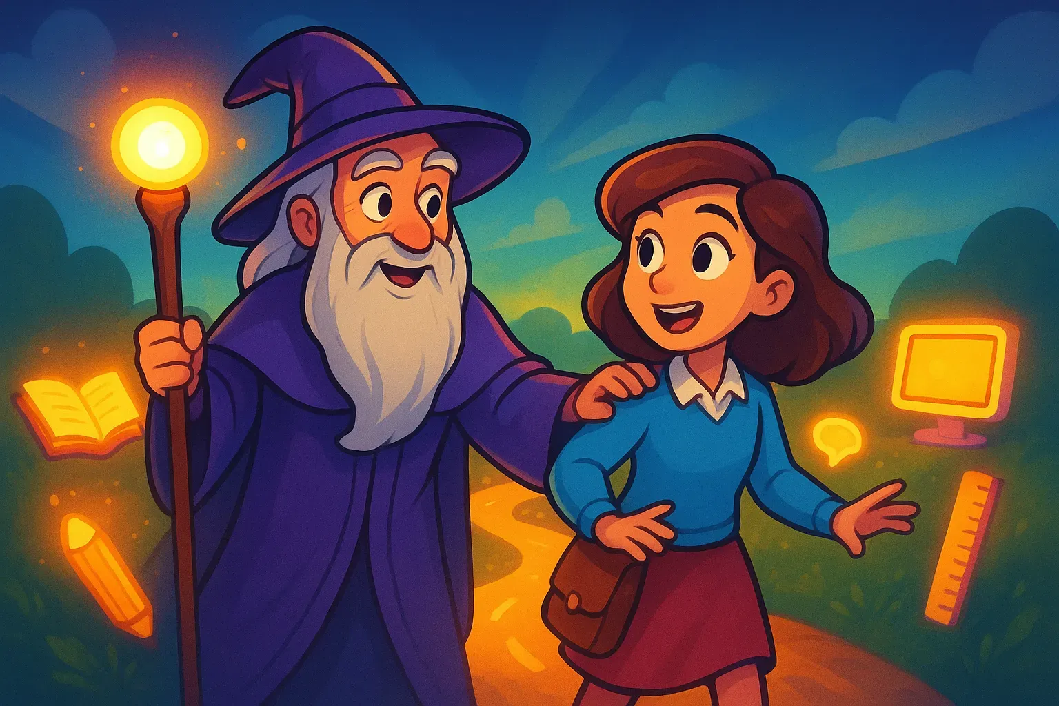 A wizard with a glowing staff guiding a young woman along a path surrounded by floating educational symbols.