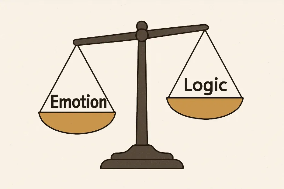 A balance scale with two pans, one labeled “Emotion” and one labeled “Logic,” on a plain cream background.