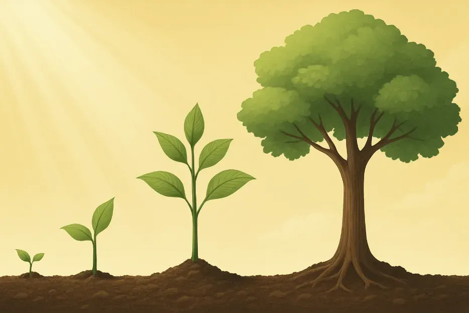 Four stages of plant growth from left to right in warm sunlight: a tiny sprout, a young seedling, a leafy sapling, and a full tree with a thick trunk and wide green canopy.