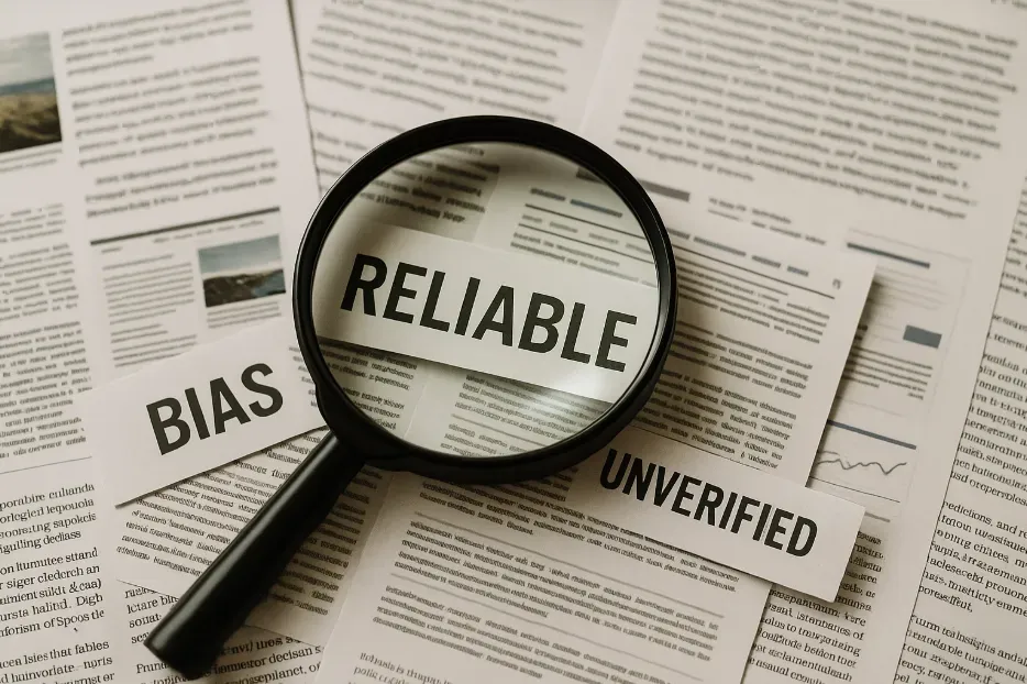 A magnifying glass lies over a spread of newspapers and magnifies a paper slip reading “RELIABLE.” Other slips nearby read “BIAS” and “UNVERIFIED.”