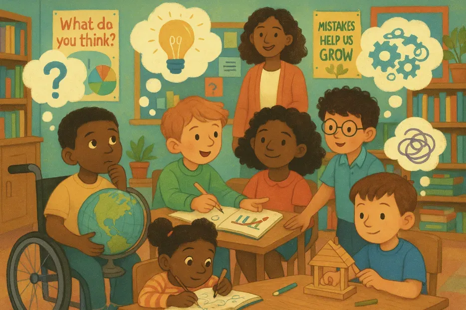 A teacher stands behind a group of diverse young students working at a table in a bright classroom. Thought bubbles show a question mark, a light bulb, gears, and a tangled scribble. Posters read “What do you think?” and “Mistakes help us grow.”