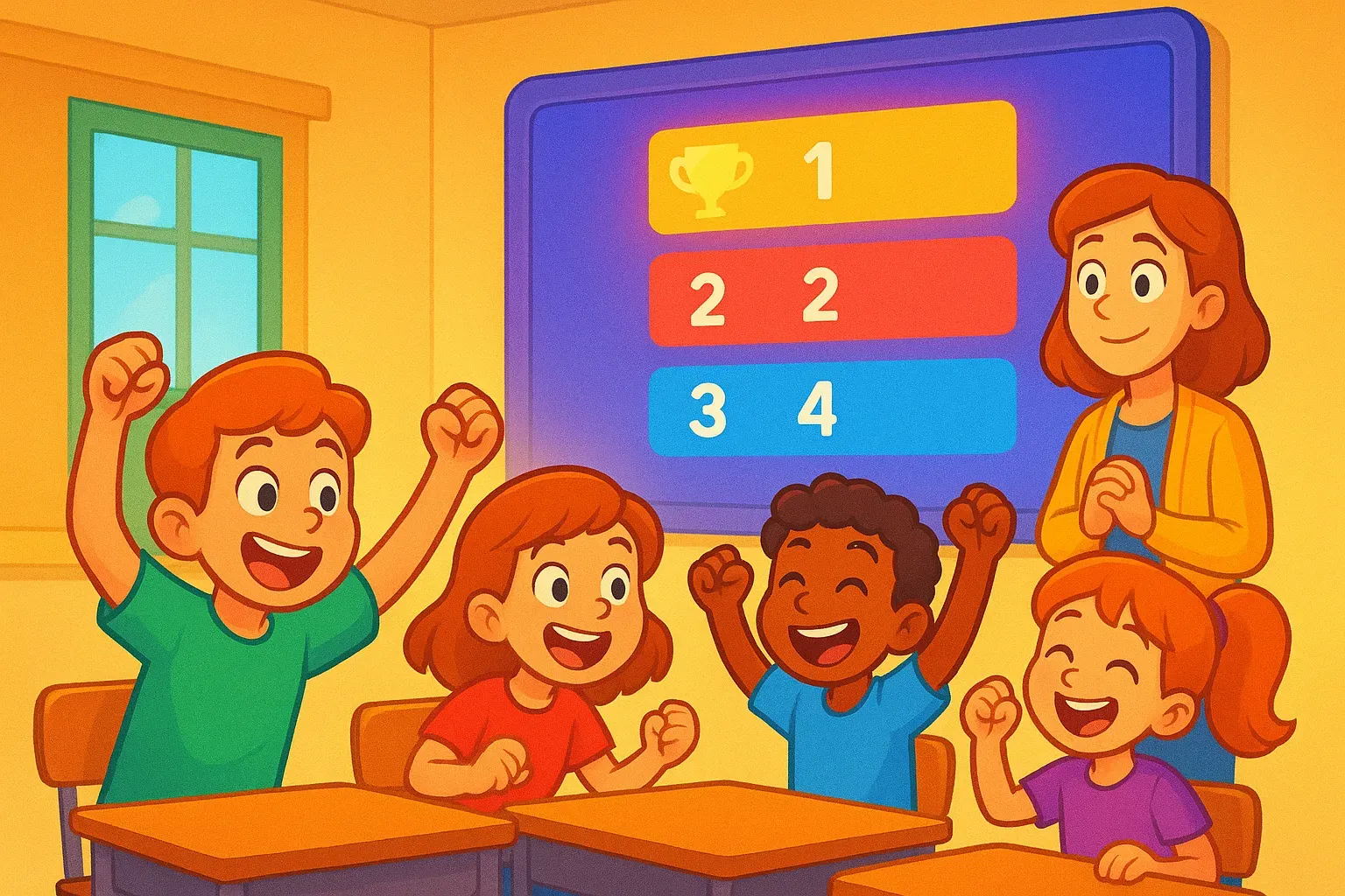 Illustration of students cheering at their desks in front of a team leaderboard while their teacher smiles beside them.