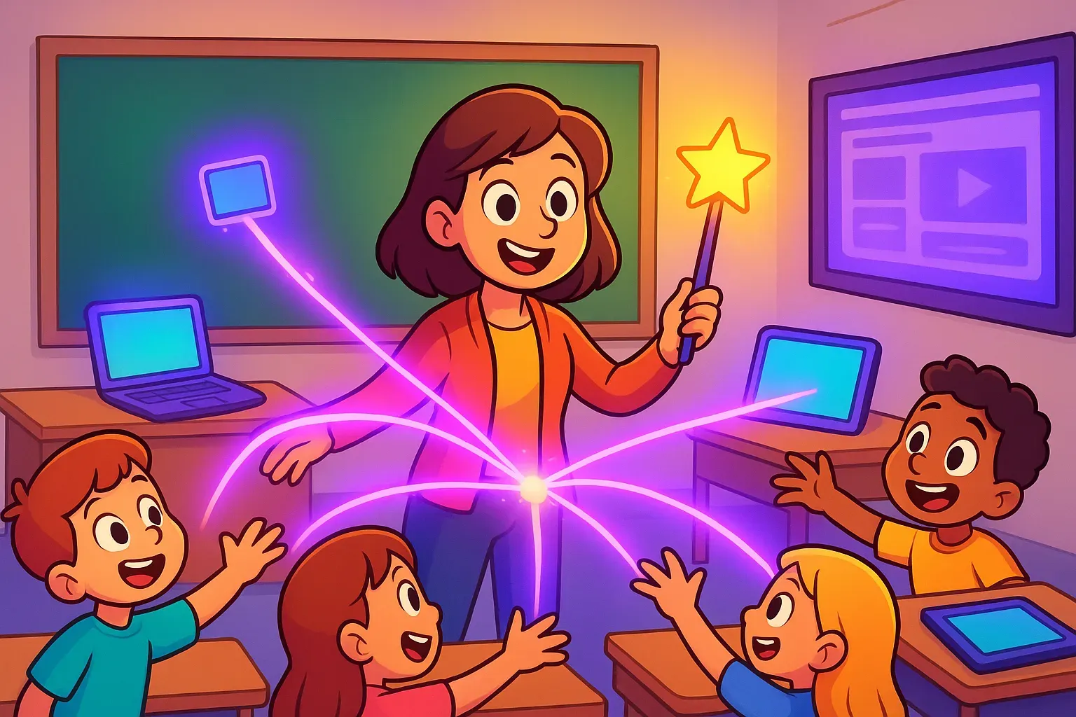 Illustration of a teacher waving a star wand that sends glowing links to laptops, tablets, and excited students reaching out.