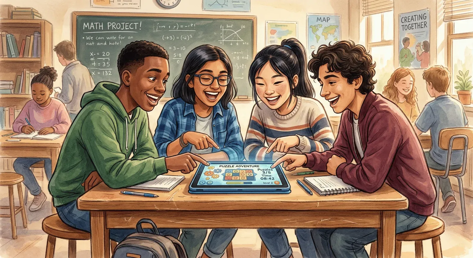 Middle school students laugh and collaborate around a tablet displaying a math game. In the background, a classroom features a chalkboard with math equations and other students working at their desks.
