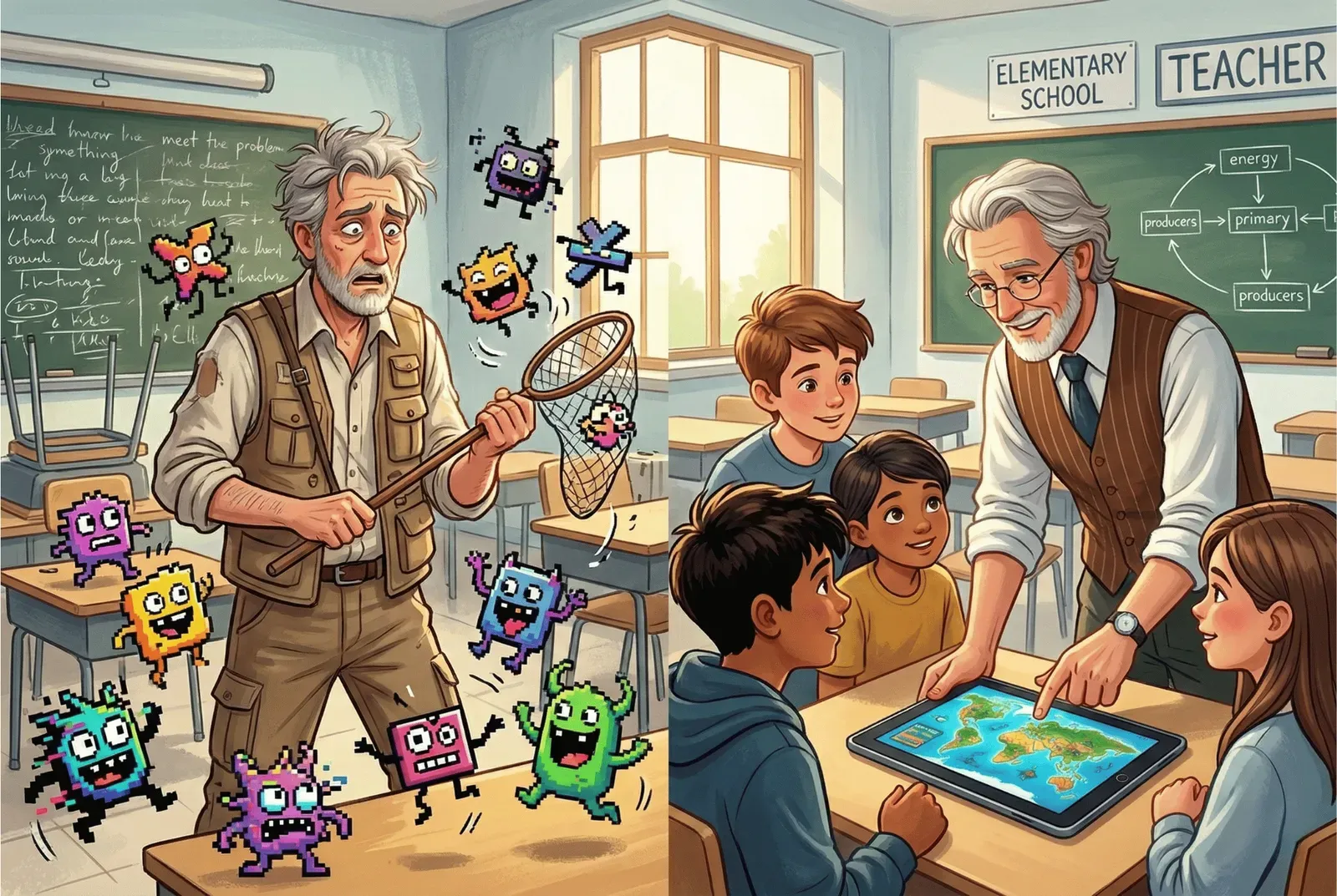 A split-screen illustration: on the left, a frantic teacher in a messy classroom tries to catch pixelated monsters with a net; on the right, the same teacher calmly uses a tablet to teach an engaged group of students about world geography.