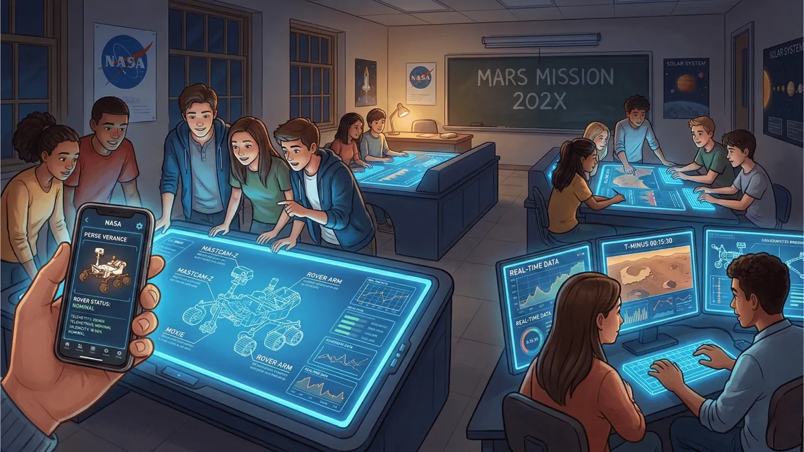 Students in a high-tech “Mars Mission” classroom interact with glowing blue touch-screen desks showing rover blueprints and real-time data. A hand holds a smartphone in the foreground displaying NASA’s Perseverance rover status.
