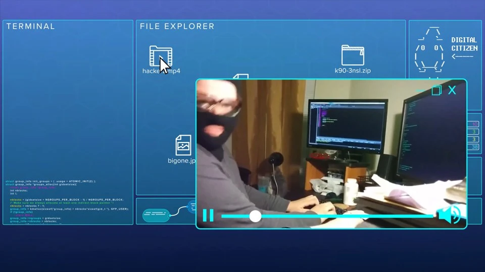 A hacker in a ski mask at his keyboard, on a video feed inside the command center’s screens.