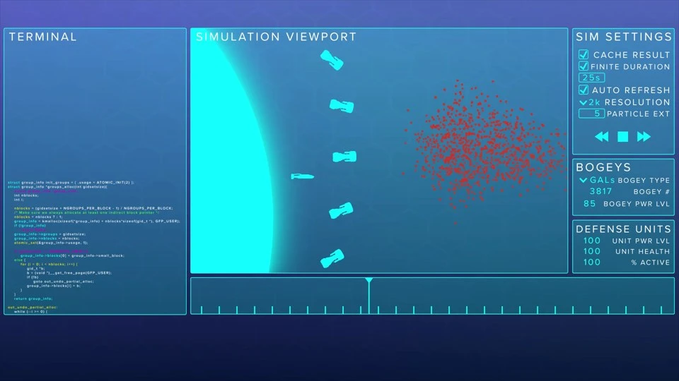 The simulation viewport: a line of defense units facing a swarm of incoming bogeys.