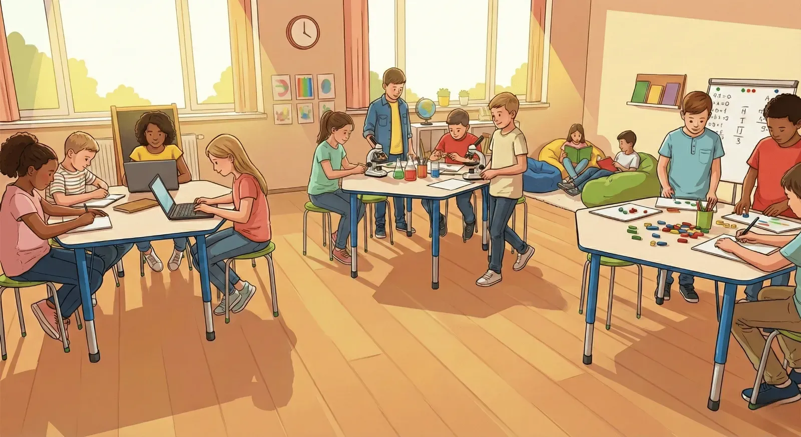A sunny classroom with three student groups: one using laptops, one at a science station with microscopes and beakers, and one using math blocks. Two children read on beanbag chairs in the background.