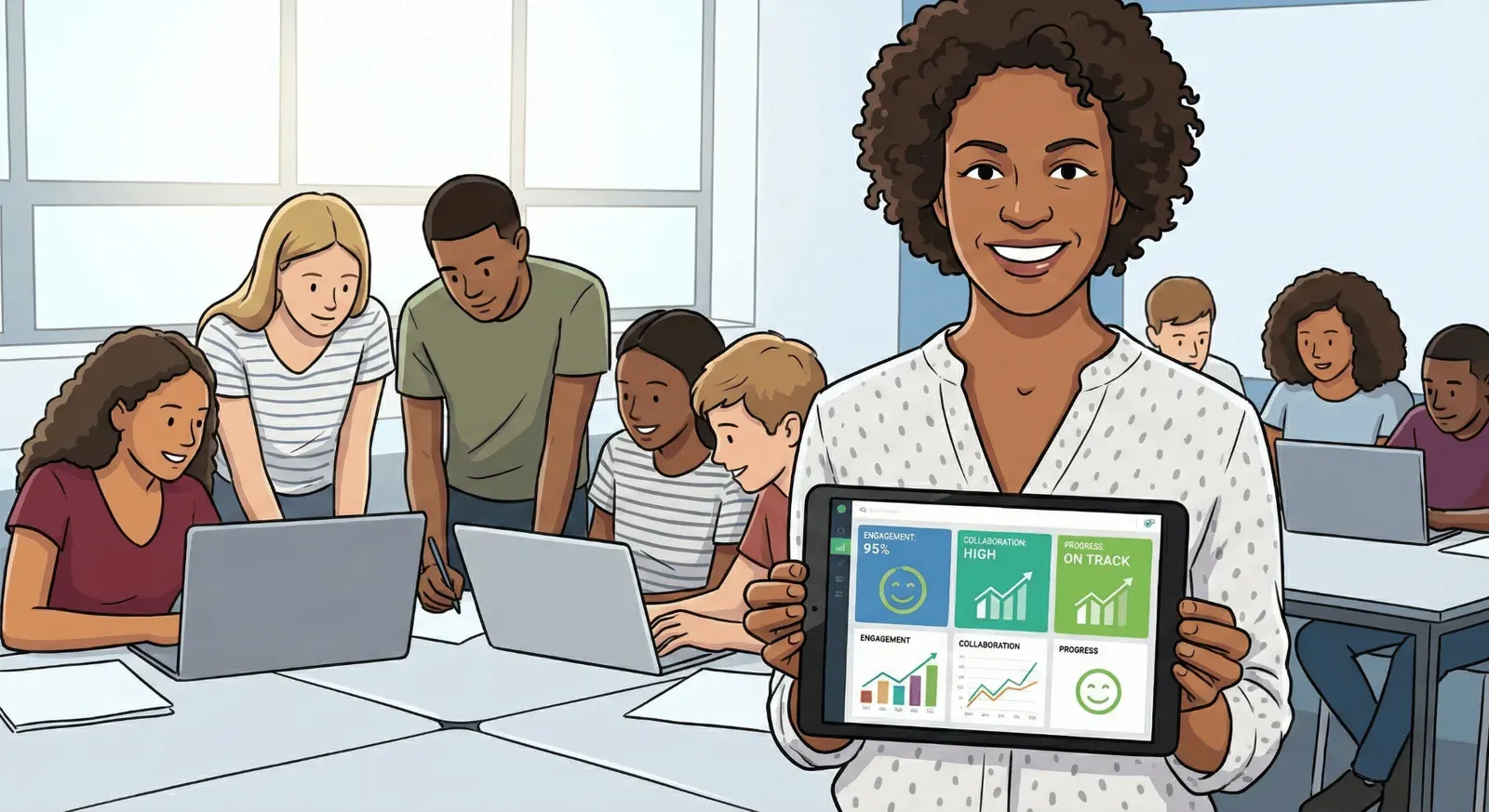 A smiling female teacher stands in the foreground holding a tablet that displays a dashboard with positive metrics, including “Engagement: 95%” and “Collaboration: High.” In the background, a diverse group of students is actively working together on laptops at a shared desk.