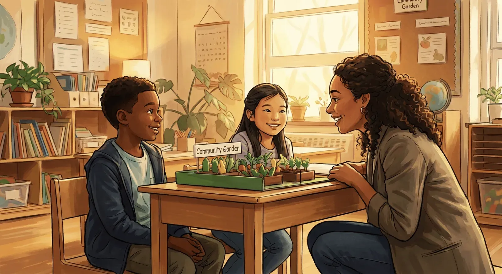 A warm, sunlit illustration of a female teacher sitting at a small classroom table with two young, smiling students. They are engaged in a discussion over a miniature “Community Garden” diorama filled with small plants in planter boxes.