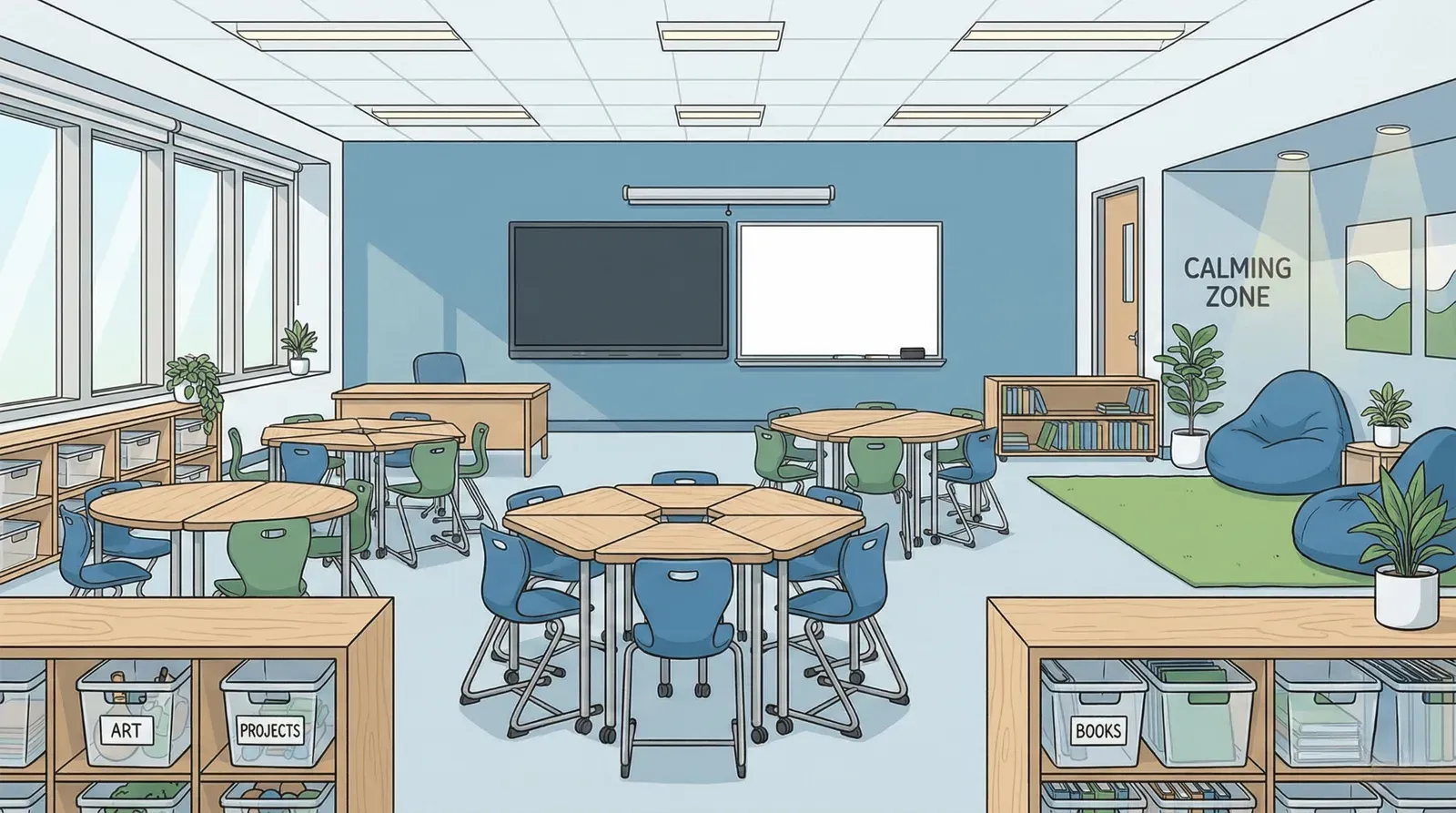 a well-organized, empty classroom. room features clustered hexagonal tables with blue and green chairs, neatly labeled wooden storage cubbies, an interactive whiteboard, and a dedicated “Calming Zone” in the corner. blue beanbag chairs and potted plants.