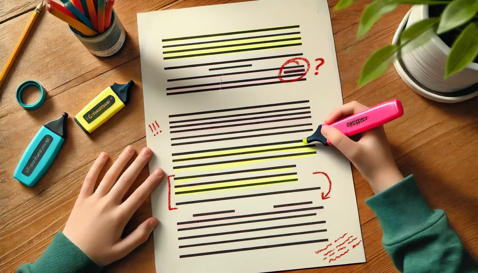 Top-down view of a student’s hands annotating a text. The page includes yellow highlights and red symbols like question marks and arrows. Various highlighters and a pencil cup sit on the wooden desk, showcasing the “close reading” process in action.