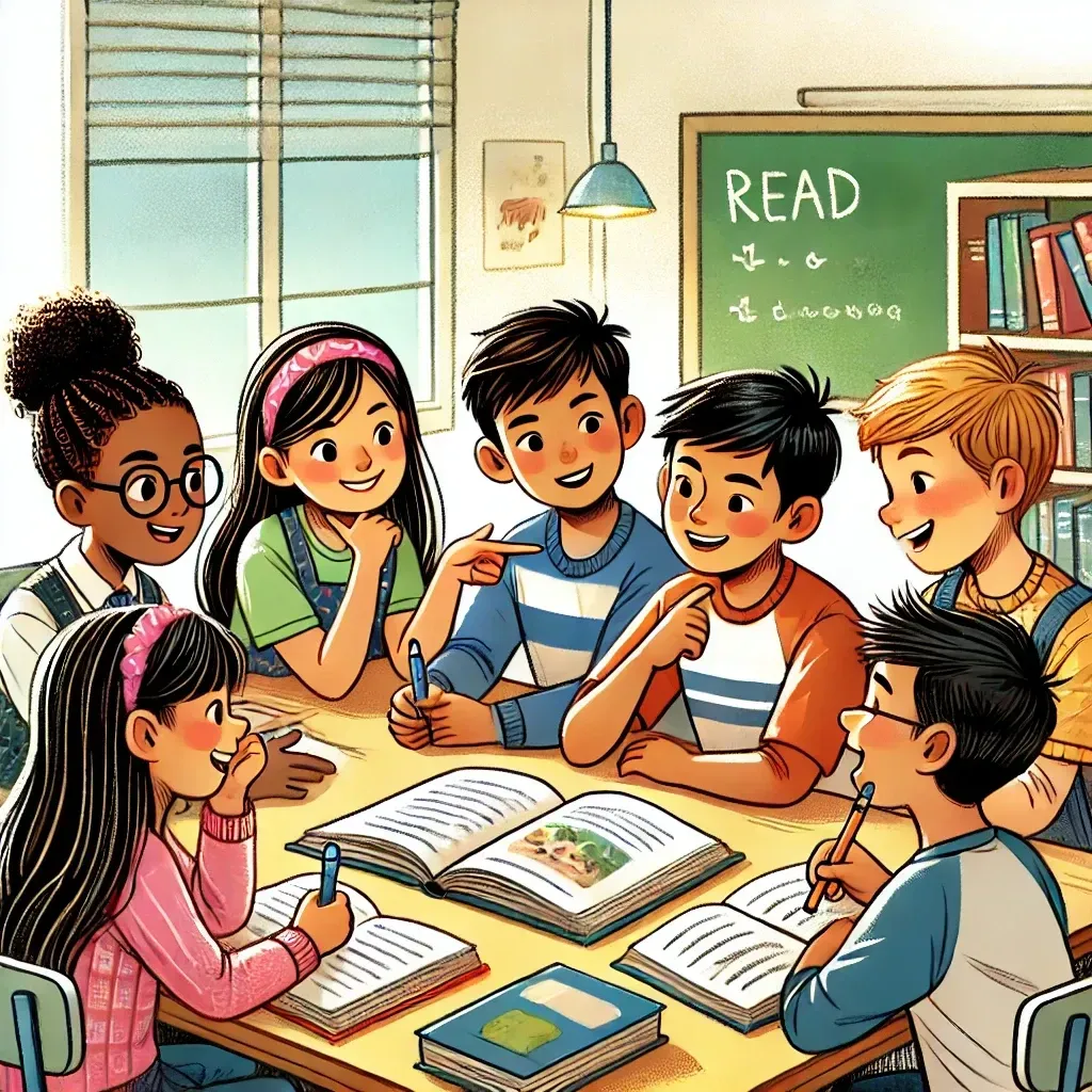 Six students sit around a table with open books and pencils, talking and smiling, with a chalkboard behind them that reads “Read.”