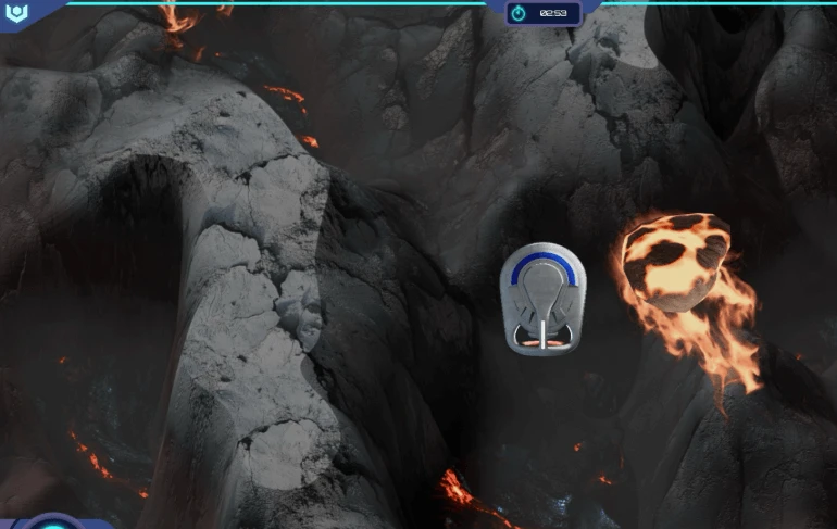 The ship weaves between dark rock walls as a burning boulder falls beside it.