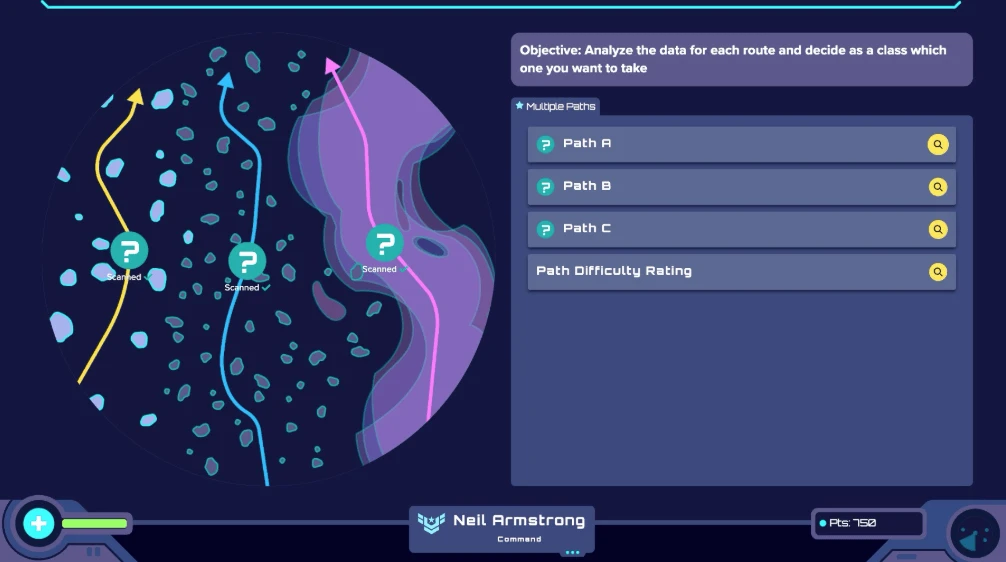 The crew’s screen: three routes drawn through an asteroid field, Path A, B, and C, with the objective to analyze each route and decide as a class.