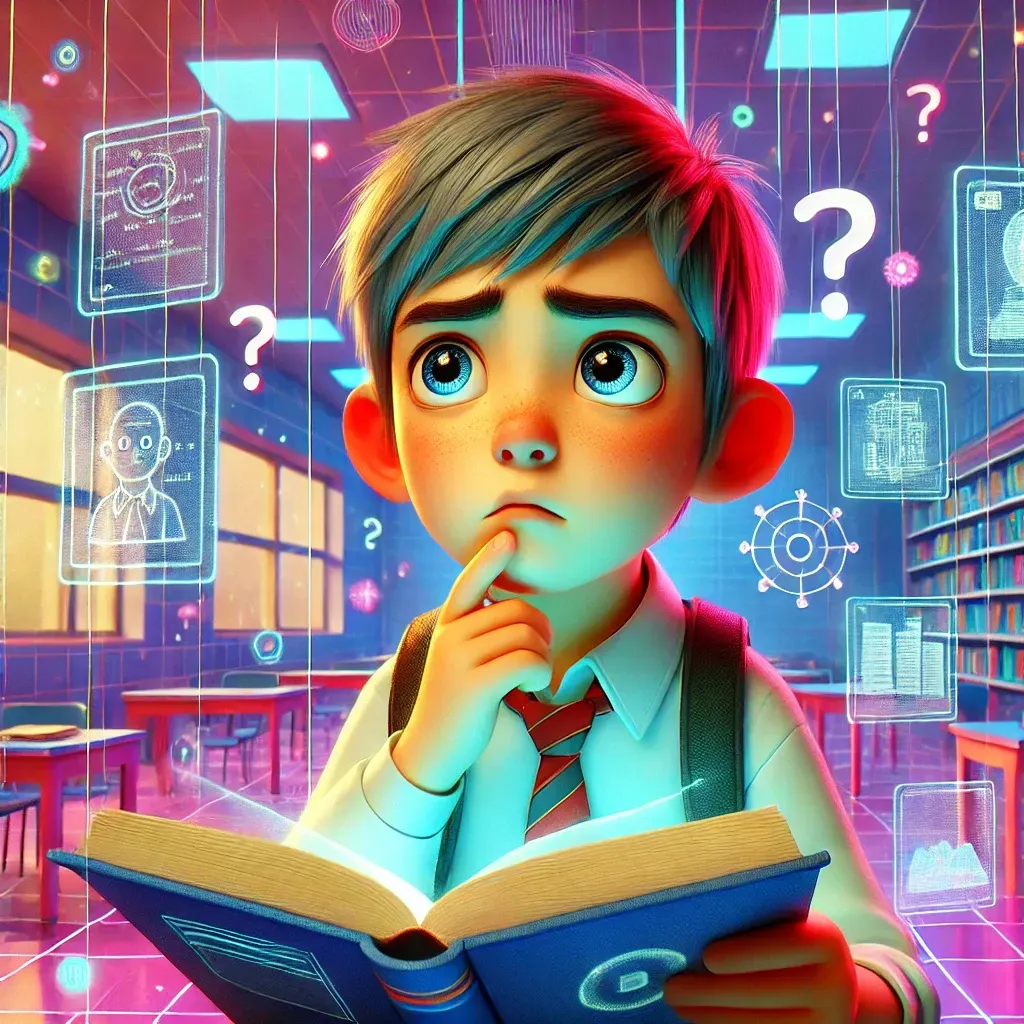 A student in a school uniform holds an open book and rests a finger on his chin with a puzzled look, surrounded by floating question marks and glowing screens in a bright classroom.