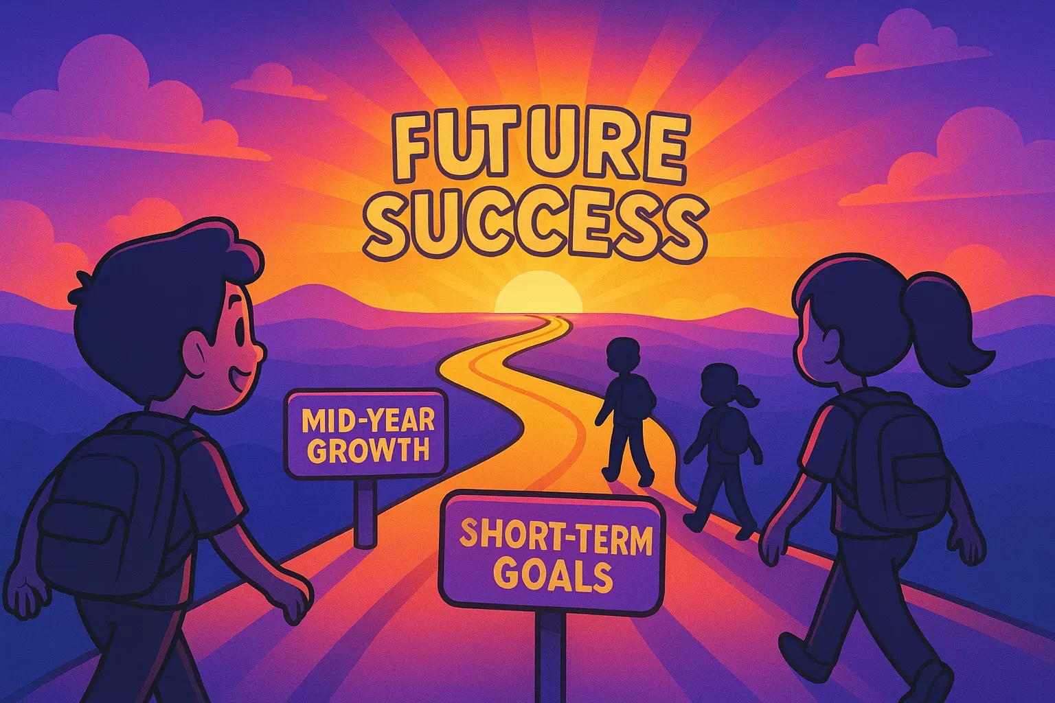 group of kids walking along a path toward sunrise of “SUCCESS”