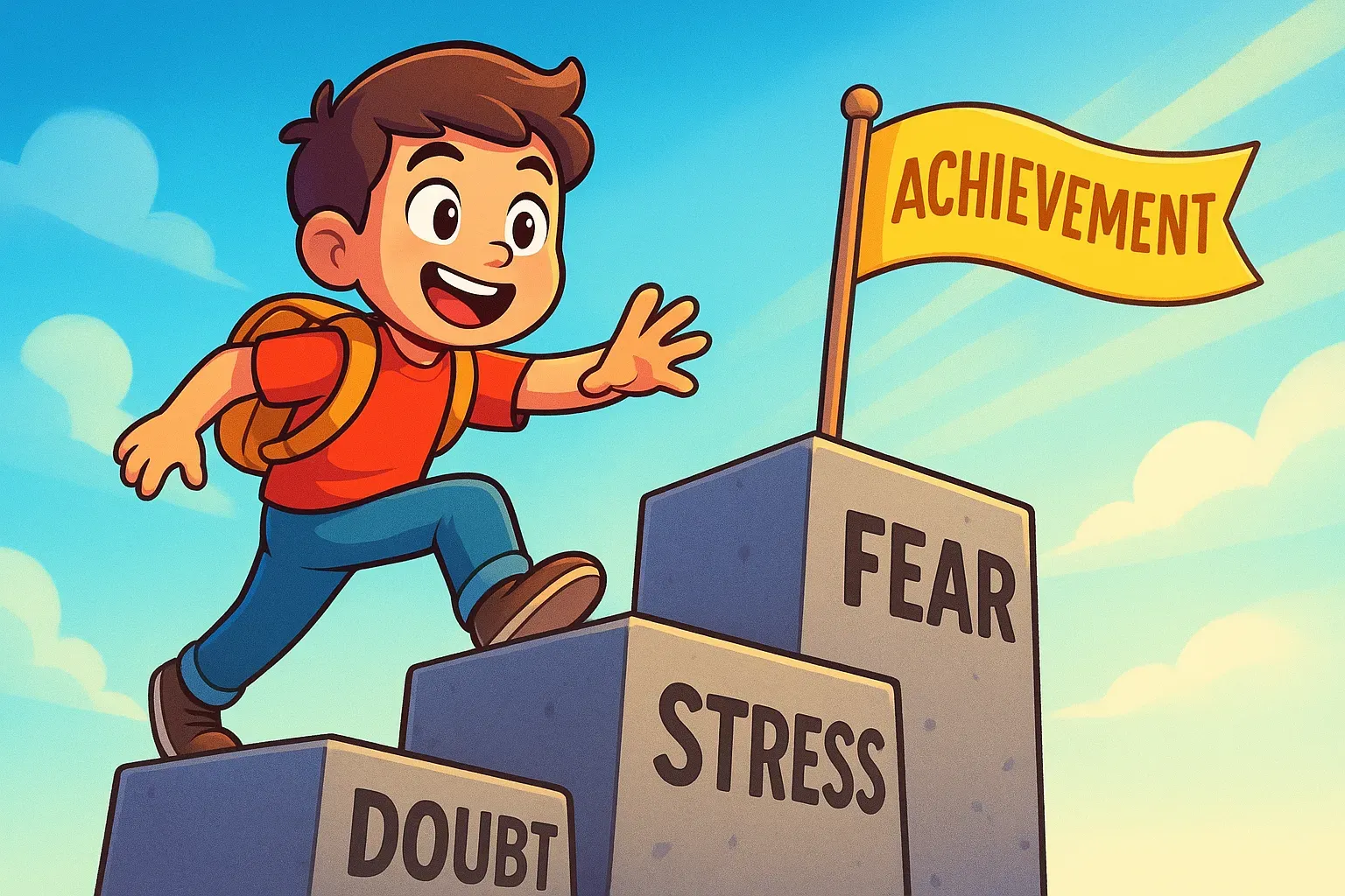 student walking up staircase of doubt fear stress to the flag of achievement