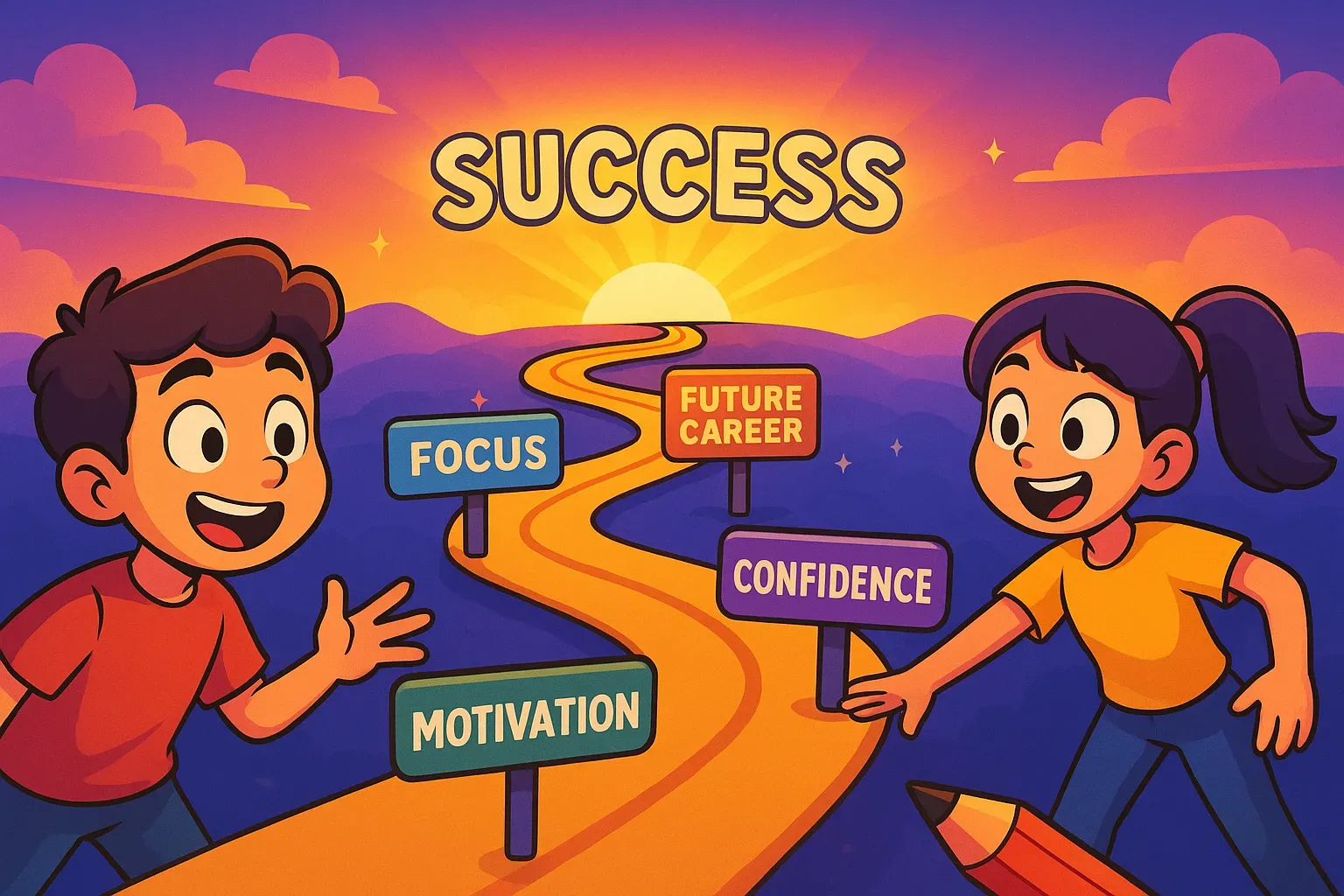 students on a path marked with achievements like “focus” and “confidence” that leads to “SUCCESS”