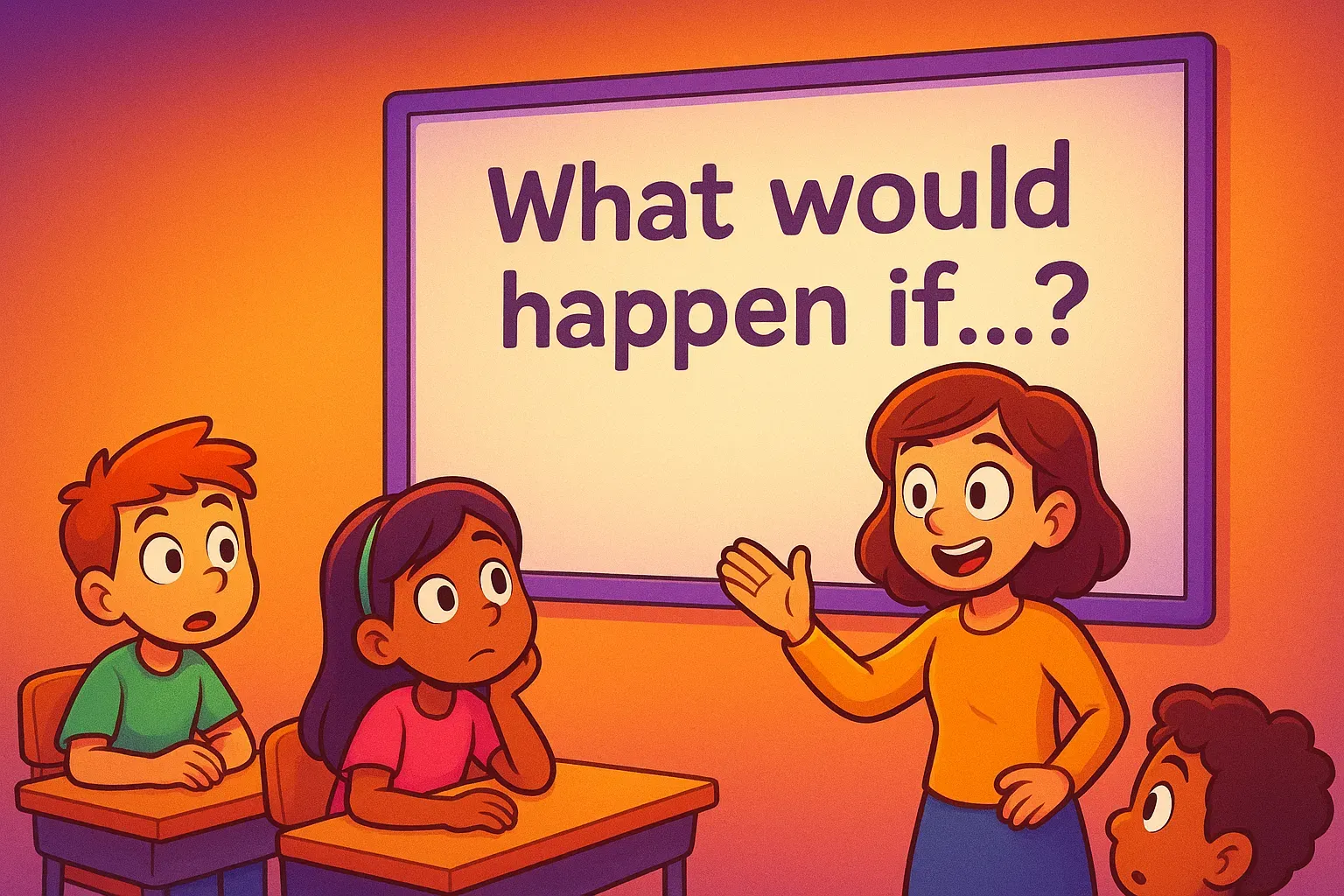 Illustration of a teacher gesturing to a board that asks What would happen if, while curious students think at their desks.
