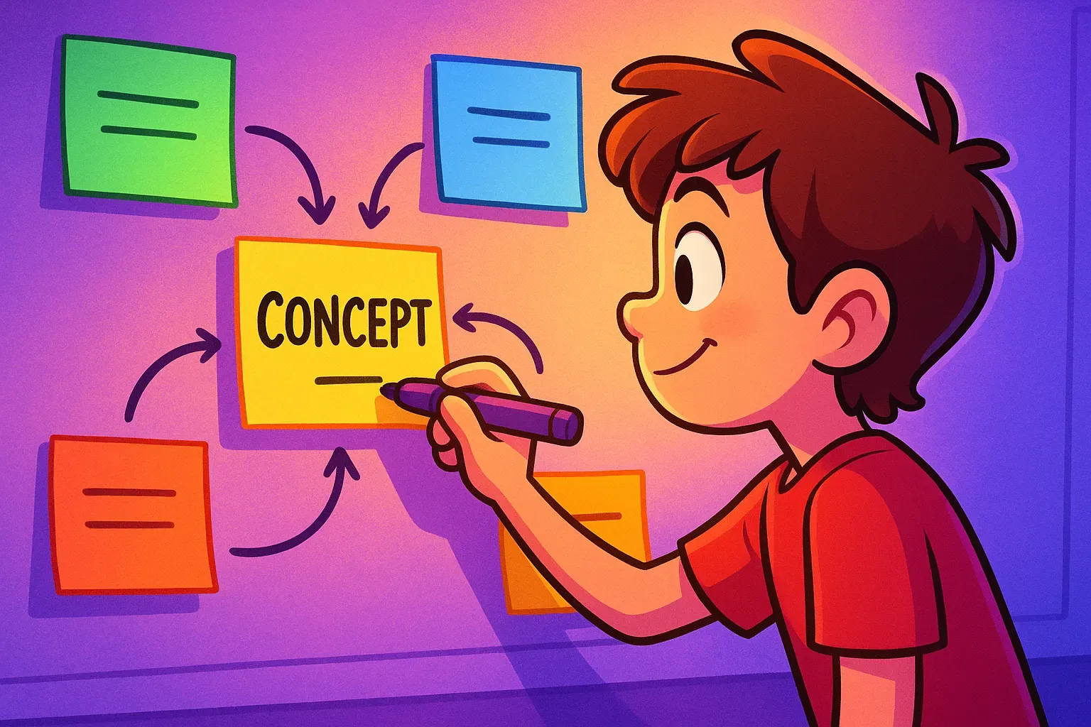 Illustration of a student drawing a concept map, writing Concept on a center sticky note linked by arrows to colored notes.