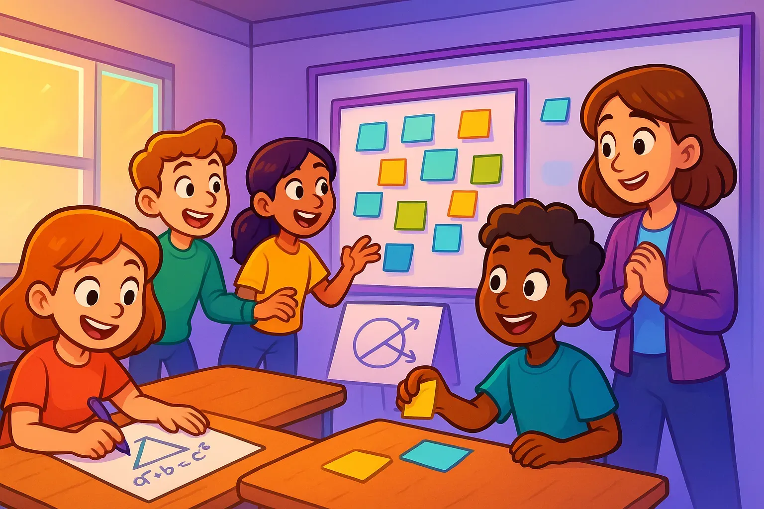 Illustration of students working with sticky notes and geometry sketches beside a board of colored notes while a smiling teacher looks on.