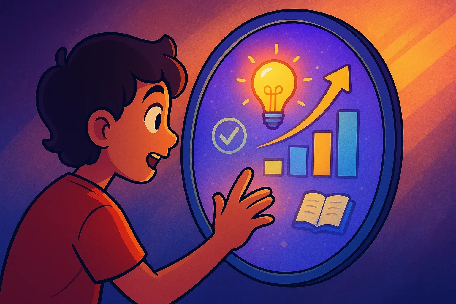 Illustration of a student looking into an oval mirror that shows a lightbulb, a checkmark, a book, and a rising bar chart.