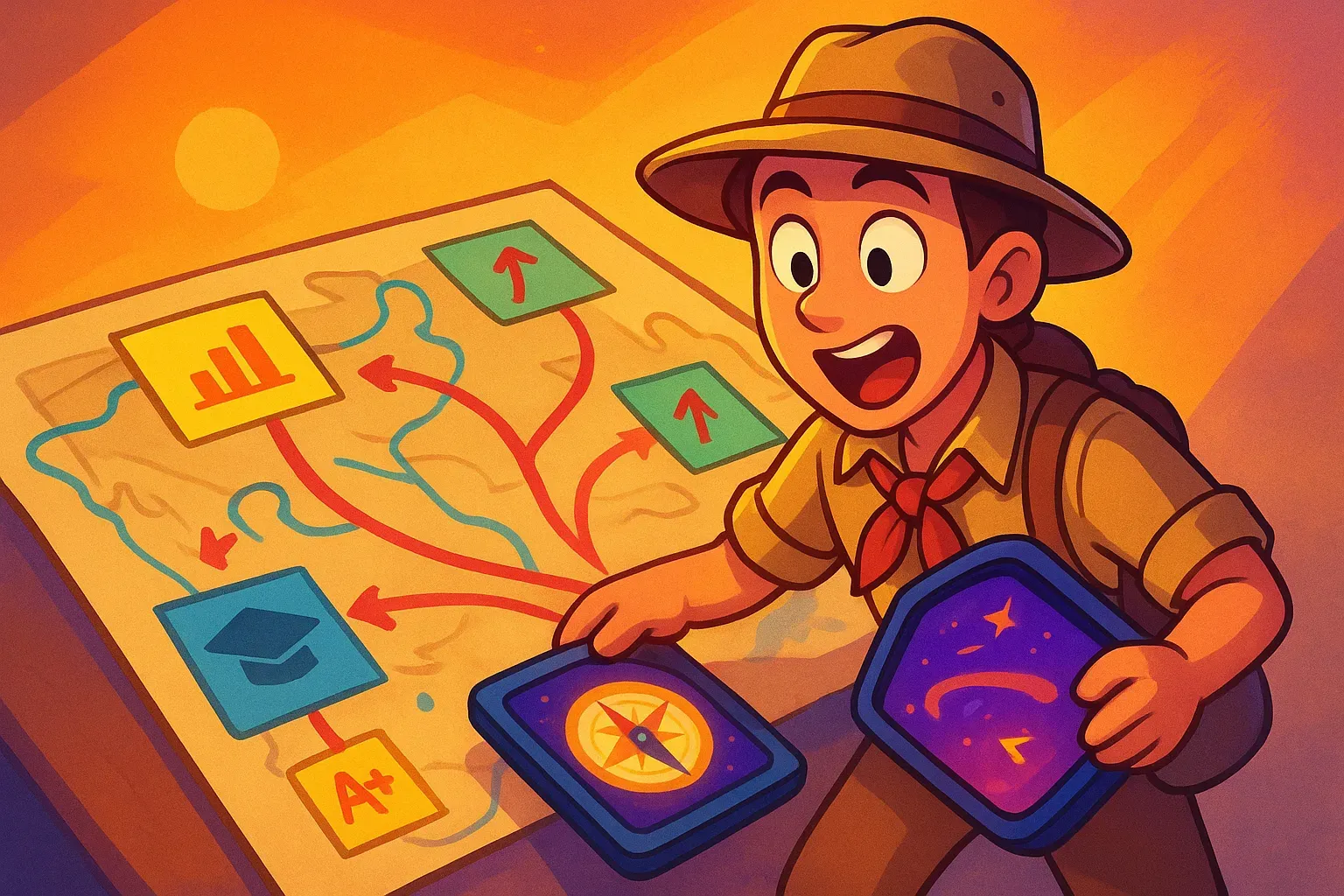 Illustration of a student explorer in a safari hat studying a map whose paths lead to data, growth, and A+ cards.
