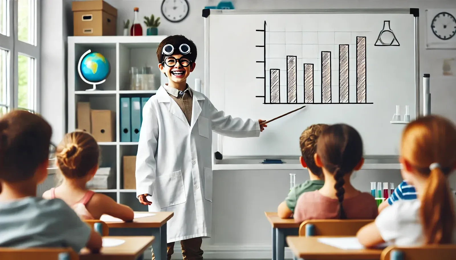 A smiling student in a lab coat and goggles points a stick at a bar graph on a whiteboard while seated classmates watch.