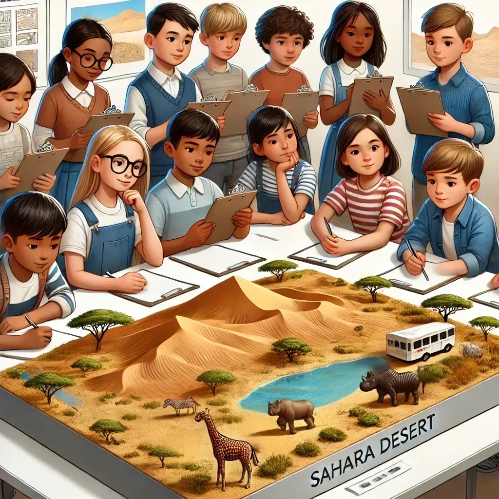 Students holding clipboards gather around a table with a model of the Sahara Desert, showing sand dunes, an oasis, trees, and animals, while they take notes.