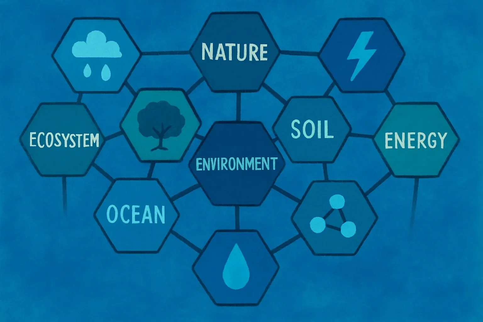 a cluster of blue hexagons connecting ideas