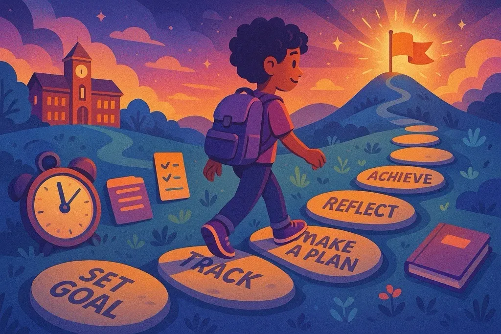 a student is walking along a path where each stone is another step of the goal-making process, up to a mountain with a flag