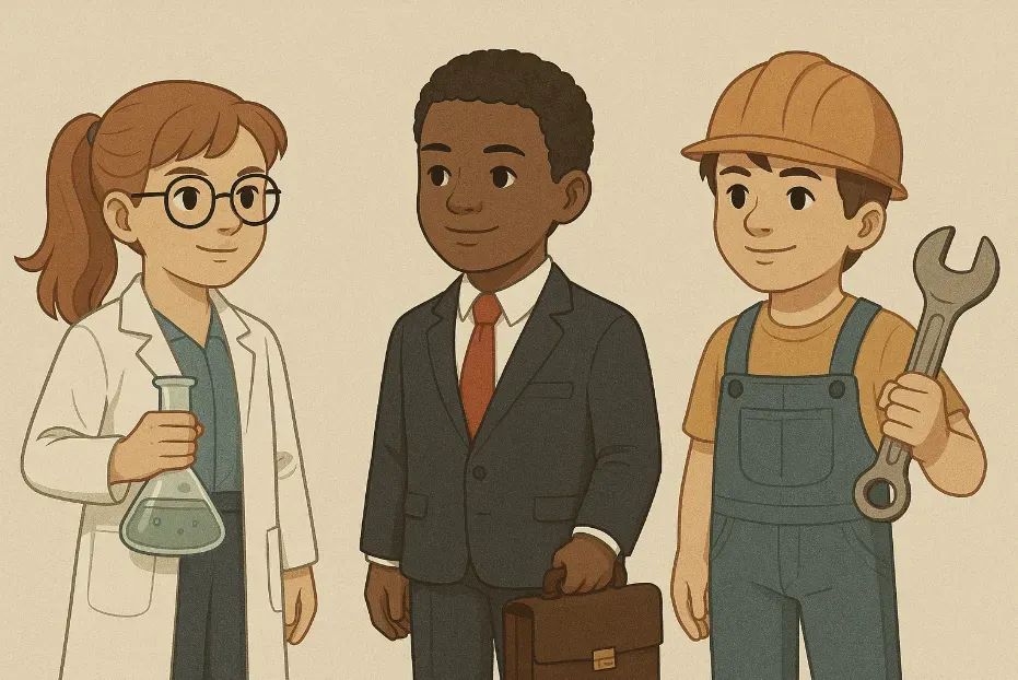 A scientist with a flask, a man in a suit with a briefcase, and a worker with a wrench stand together.