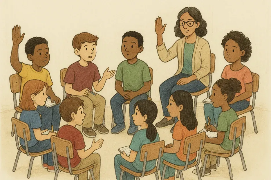 A teacher and eight students sit in a circle, discussing with raised hands and notebooks.