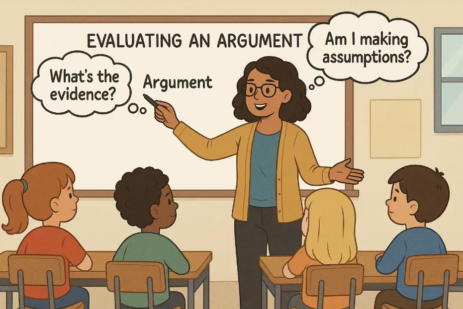 A teacher at a whiteboard titled “Evaluating an Argument” asks four students “What’s the evidence?”